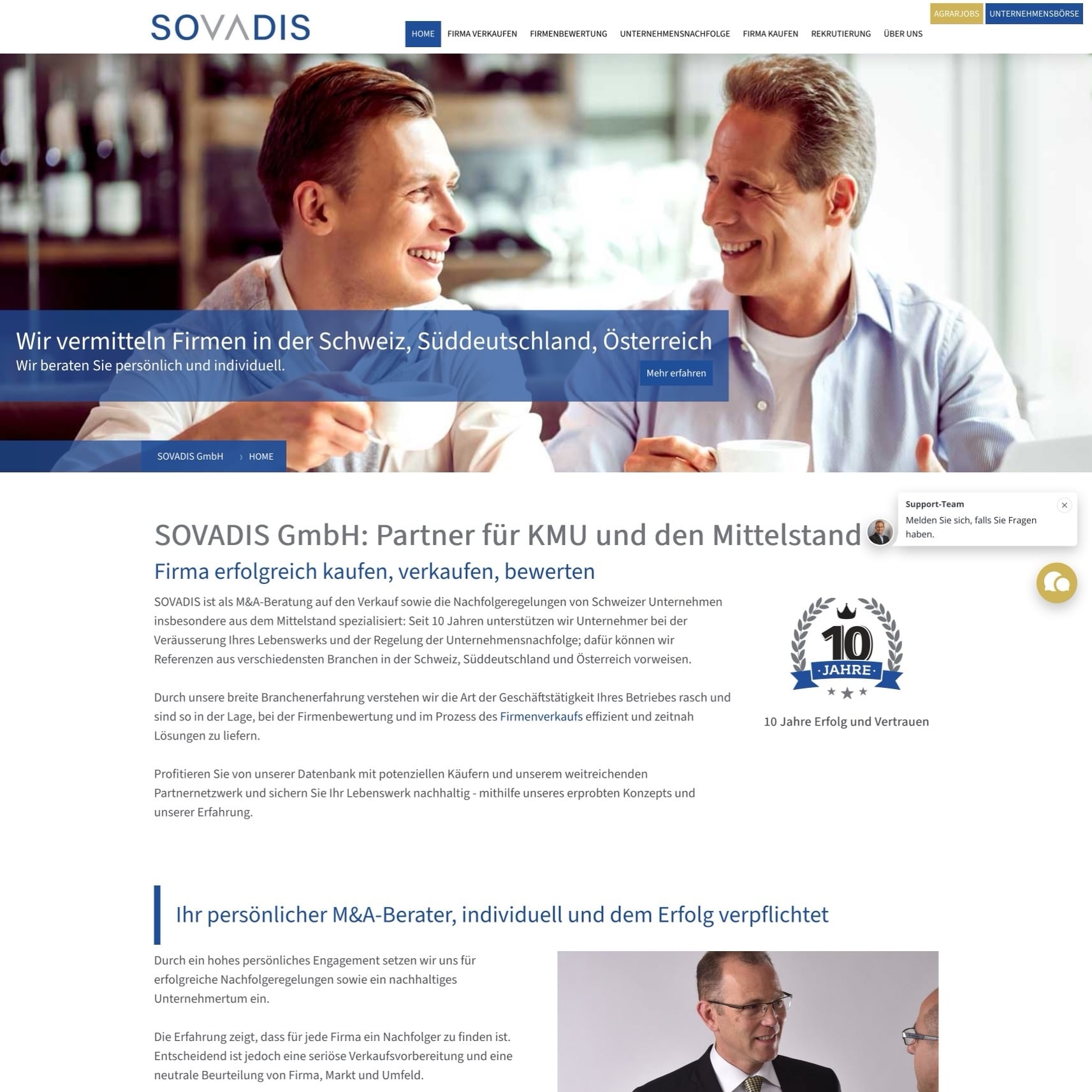 Sovadis Startseite oberer Teil